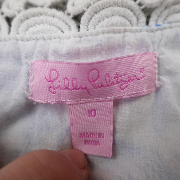 Lilly Pulitzer Dress Womens 10 White Blue Embroidered Sea Life Lace Trim V Neck - Picture 5 of 10